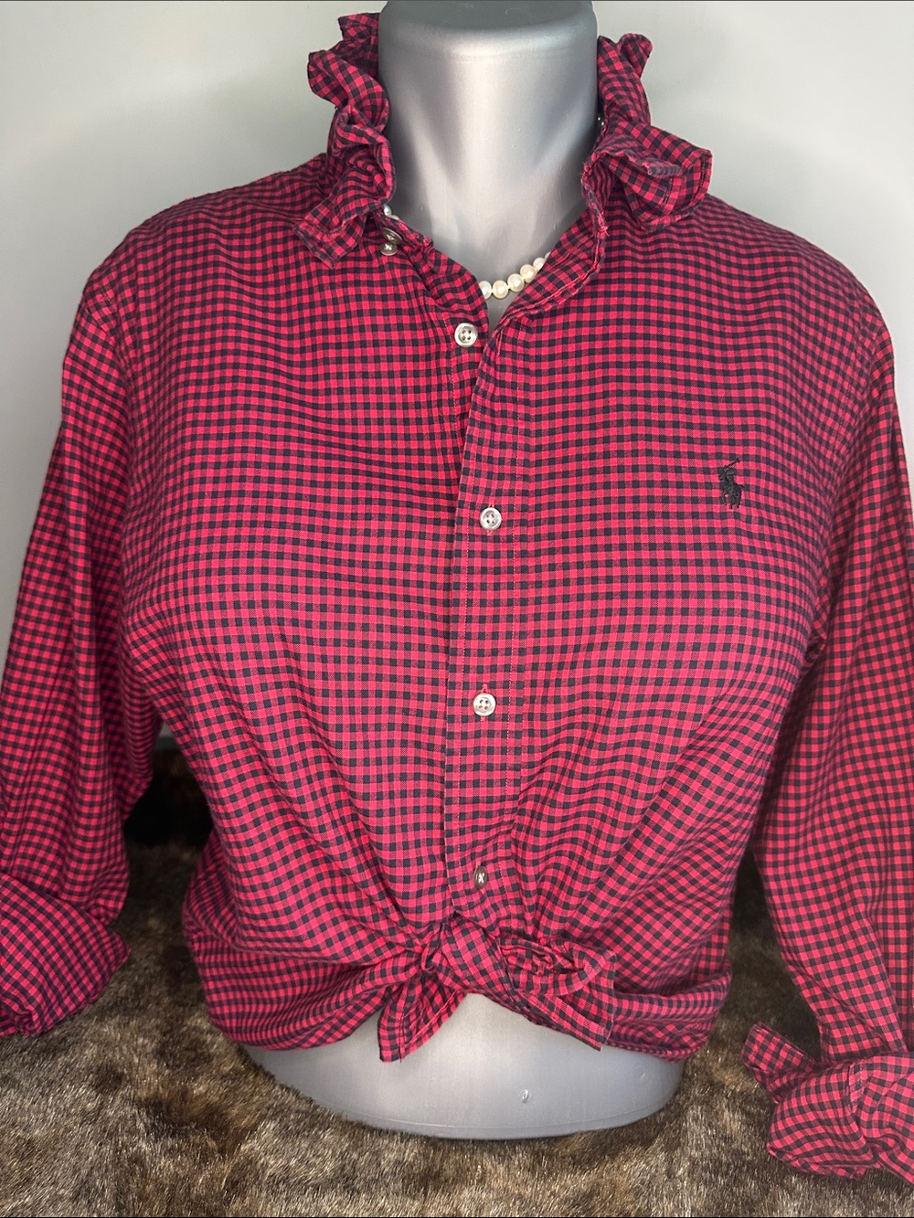 Re-worked Ralph Lauren burgundy & Black Gingham Ruffled Collar Button-Up Shirt